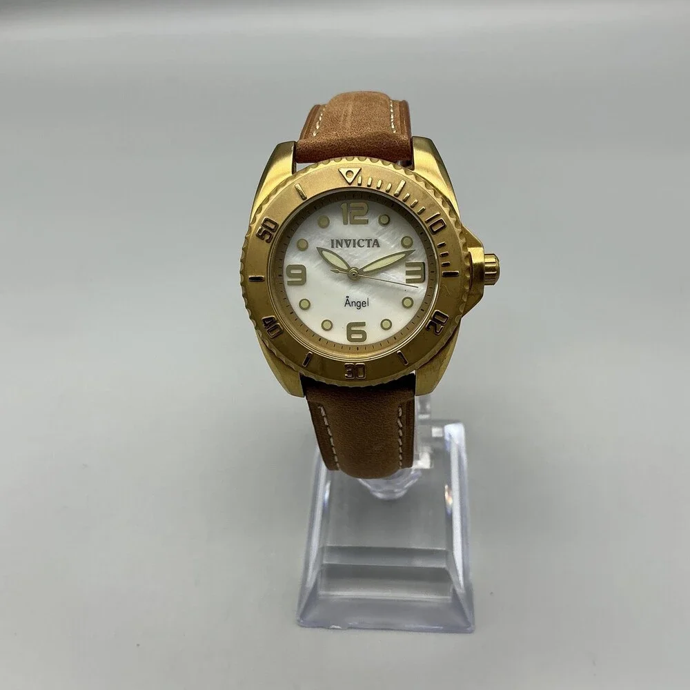 Invicta Angel 15004 Womens Watch 35mm MOP Gold Tone Brown Leather New Battery